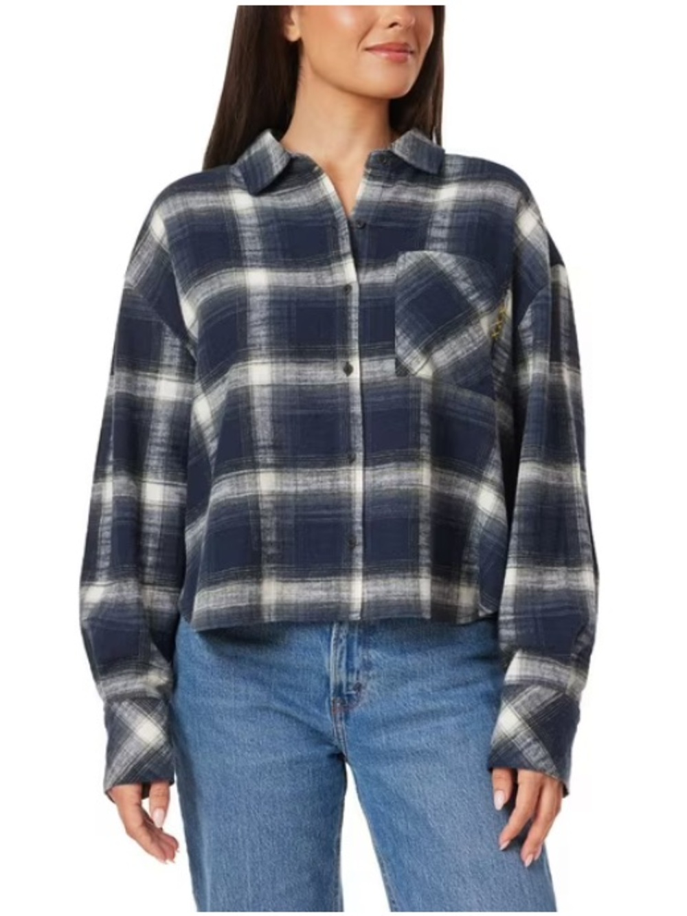 Scotch & Soda Blue Plaid Cropped Flannel Button Down Shirt with Chest Pocket L